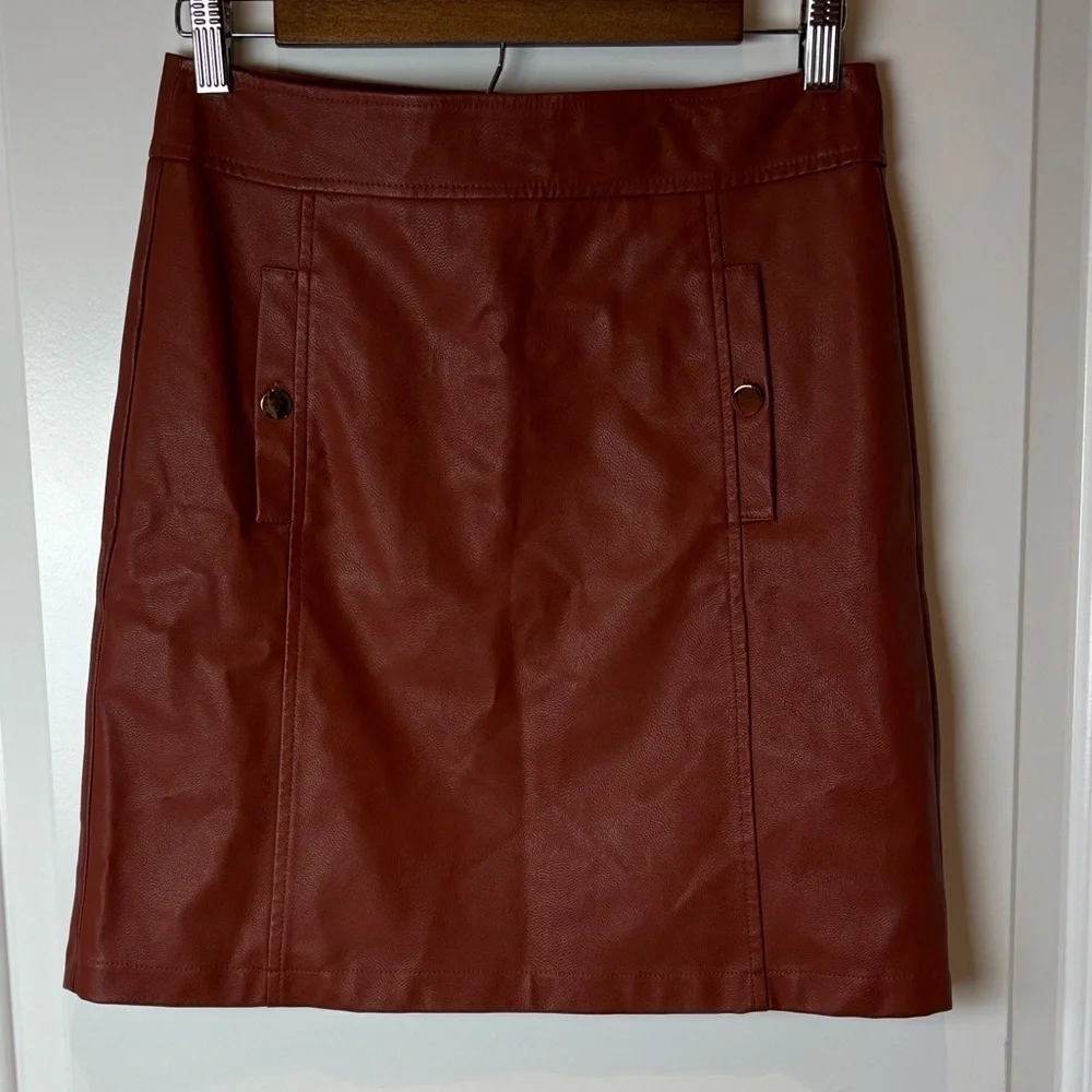 LOFT Faux Leather Mini Skirt Sz 0 Cognac Brown Lined Fall Classic
